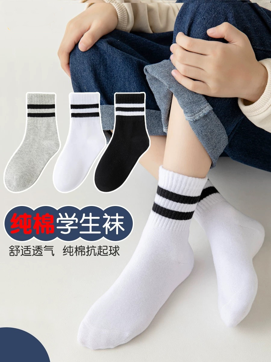 儿童袜子秋冬款男童棉袜学生白色袜子女童二杠白袜学院风长筒袜详情3