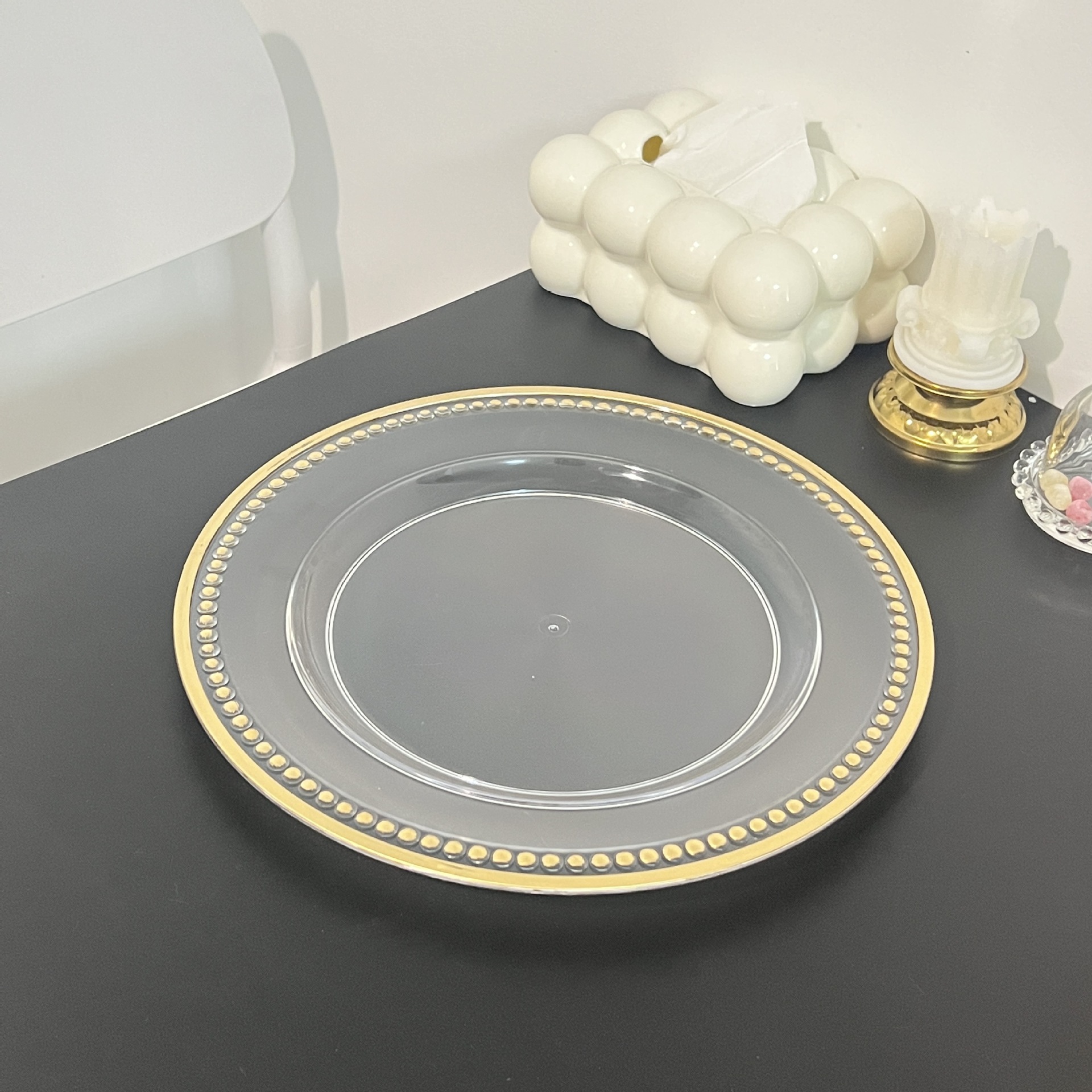 外贸透明婚礼酒店派对烫金工艺装饰塑料玻璃主盘chagerplate详情3