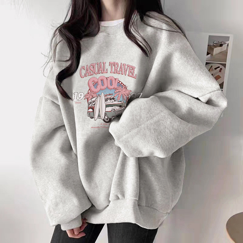 The white and gray round-neck hoodie for women in 2025 is a new bestseller in autumn. It is a casual, versatile, fashionable and stylish top with added fleece and thickening pic 10