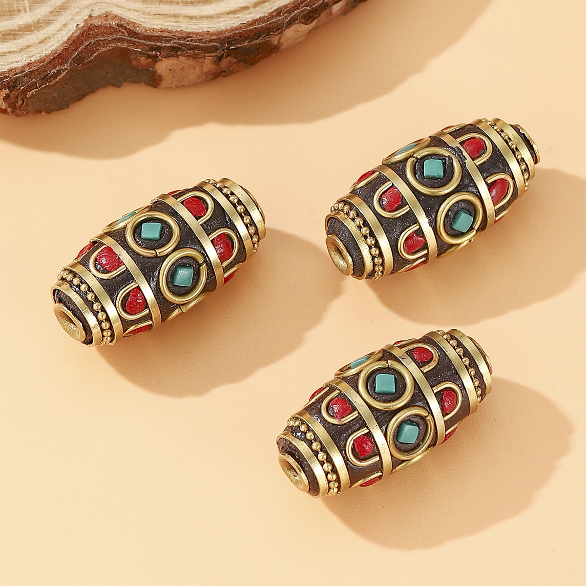 Tibetan-style Nepalese retro inlaid bead brass red stone blue turquoise bucket bead DIY jewelry accessories pic 2
