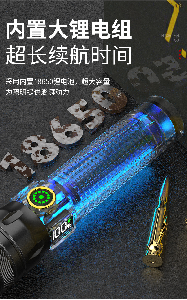 跨境新款白激光手电筒充电便携数字电显全铝合金手电筒强光长续航详情12