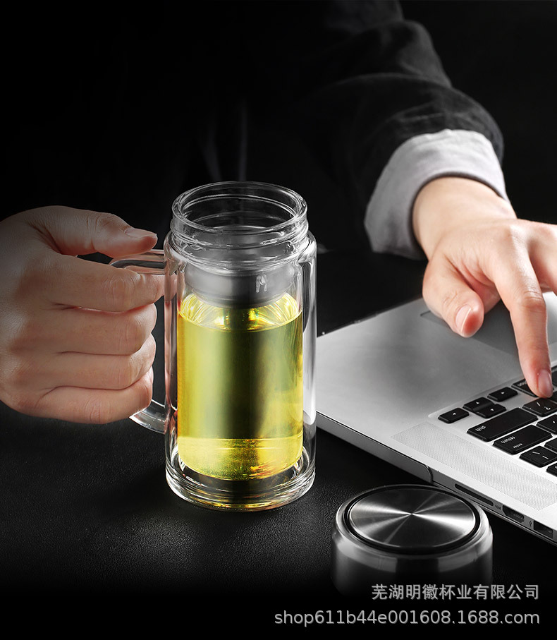 双层高硼硅玻璃杯带把手批发水杯带盖耐高温防烫泡茶杯子开业礼品详情16
