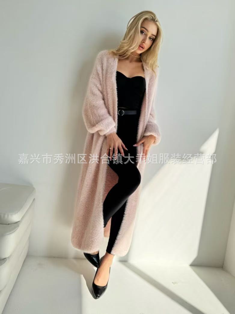 白色水貂绒开衫毛衣长款宽松慵懒风针织衫外套女春秋纯色外搭大衣详情8