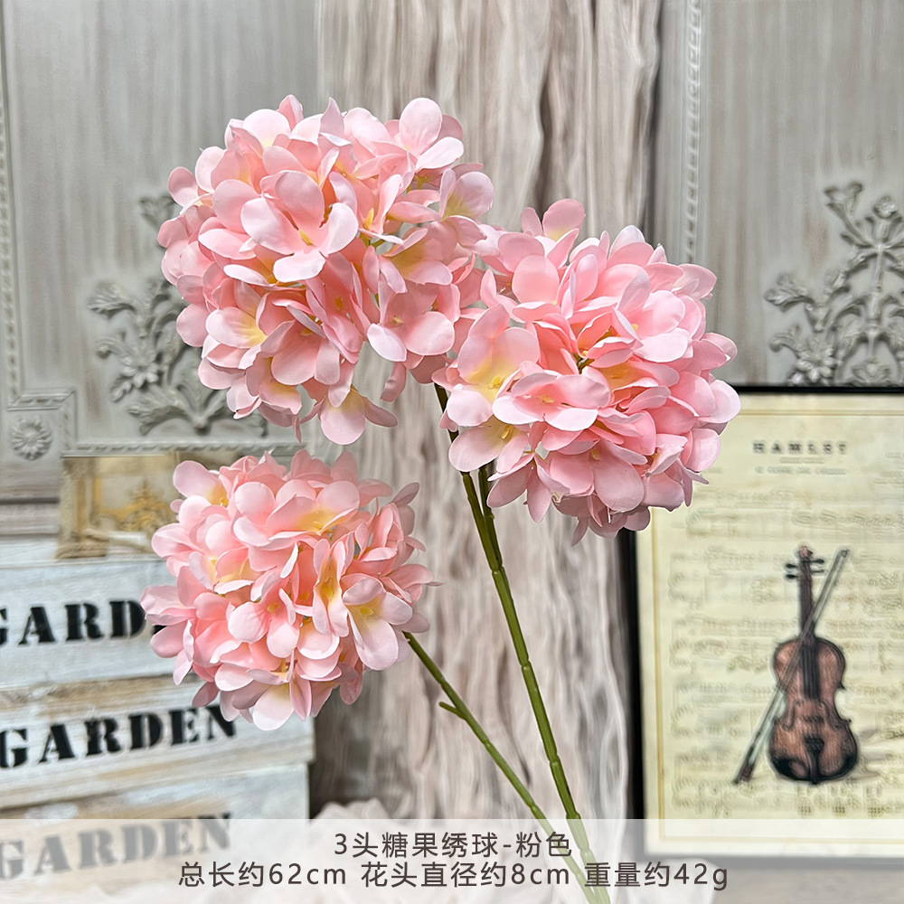 仿真3头糖果绣球假花婚庆用花束手工花艺婚礼堂造景diy花墙地排花详情8