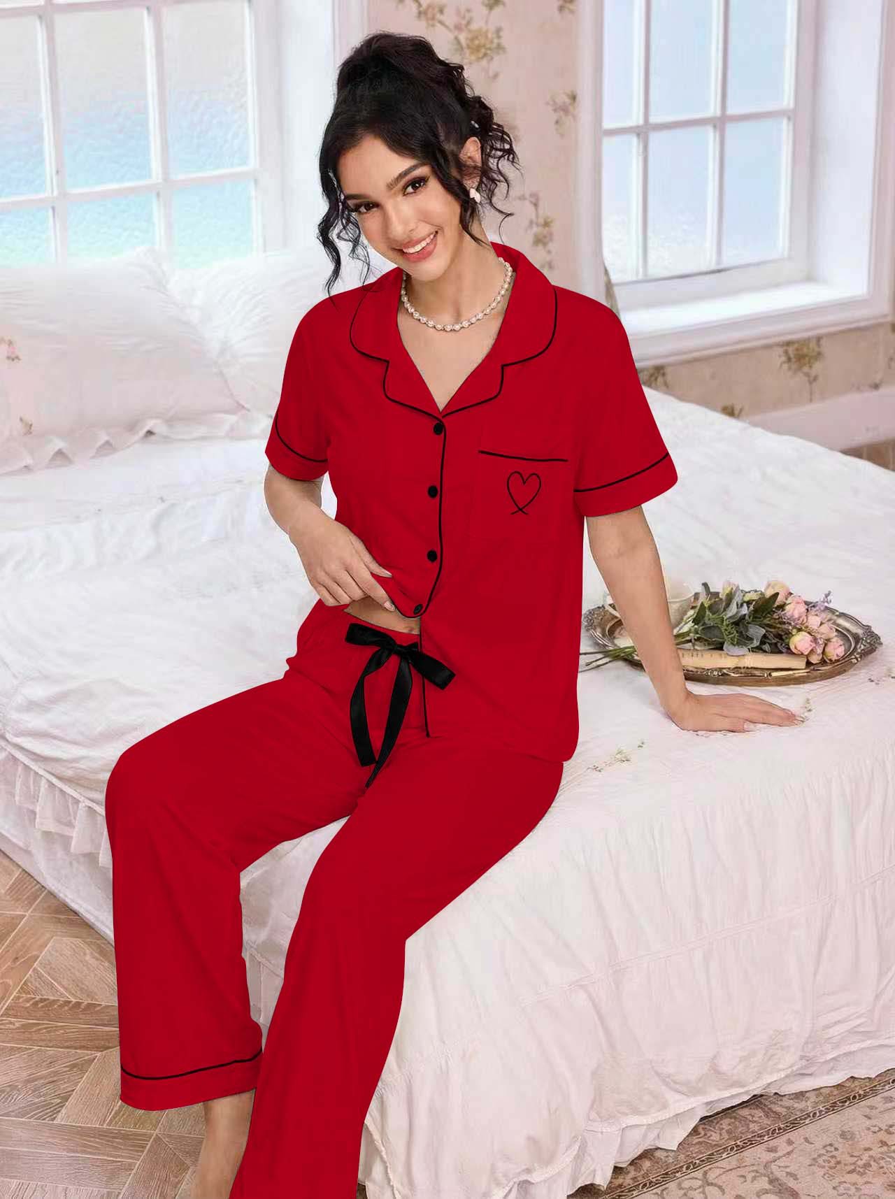 亚马逊欧美家居服套装翻领开衫短袖长裤爱心绣花睡衣女外贸独立站详情21