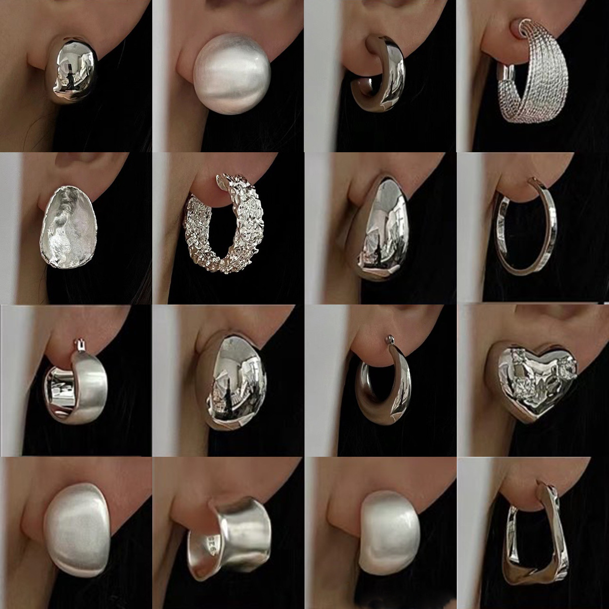 银针跨境高级感银色几何圆珠爱心耳钉小众个性耳环冷淡风耳饰批发详情1