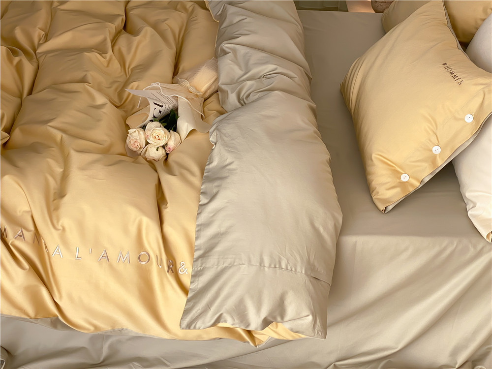Simple, light luxury and fashionable solid-color long-staple cotton four-piece set, pure cotton letter-embroidered duvet cover, double bedding pic 47