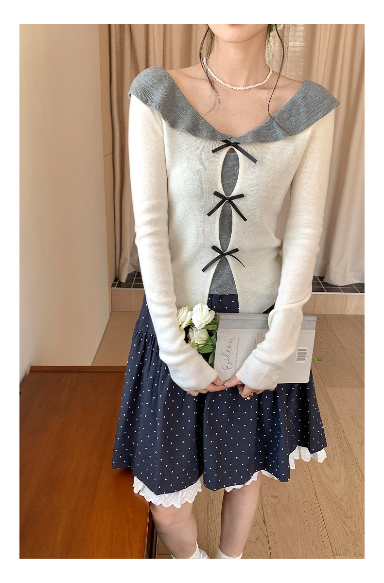 衣尔衫 设计感 假两件娃娃领蝴蝶结针织衫女短款温柔修身气质0337详情15