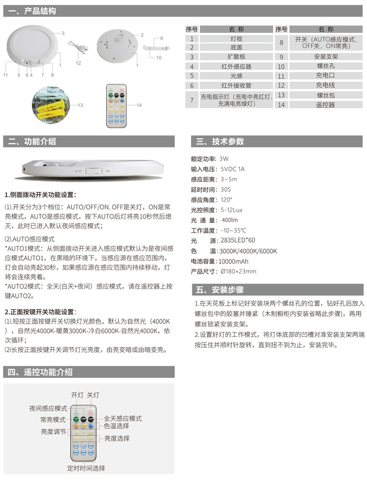 人体感应吸顶灯过道衣帽间阳台led 无线感应USB充电款带遥控器详情19