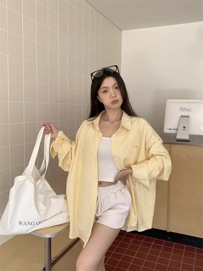 复古港风条纹衬衫外套女春夏长袖休闲垂感衬衣设计感上衣跨境批发详情16