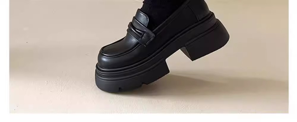 牛皮版~英伦风厚底真皮小皮鞋女复古黑色休闲松糕鞋一脚蹬乐福鞋详情11