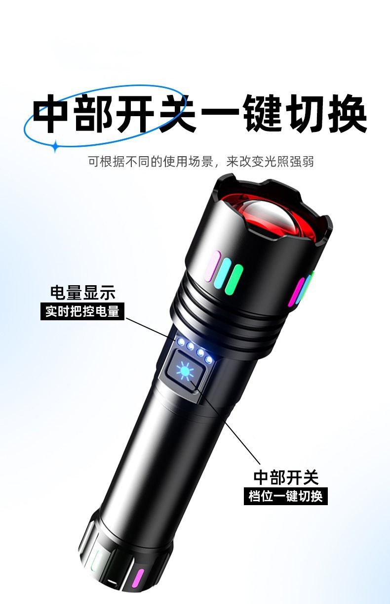 手电筒白激光超亮炫彩荧光新款伸缩变焦充电大功率电显强光远射详情6
