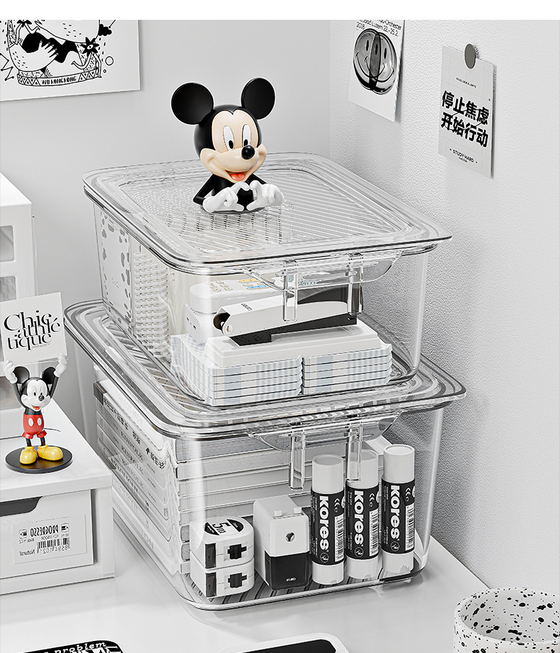 桌面收纳盒亚克力透明防尘带盖整理箱办公室桌文具书桌小杂物盒子详情9