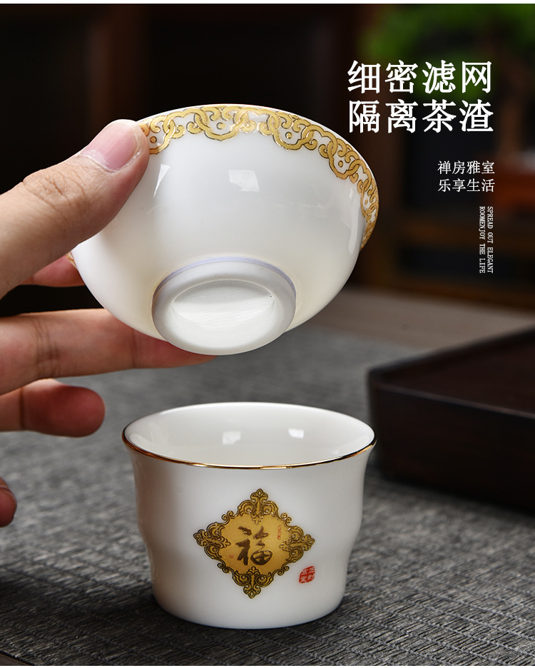 Sheep fat jade white porcelain covered bowl Gongfu tea set, business office ceramic gift complete set, home living room tea cup pic 18