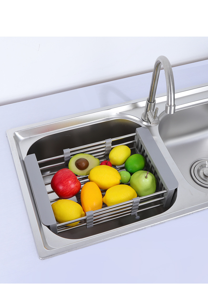 Cross-border stainless steel telescopic draining rack, kitchen multi-functional sink storage rack, vegetable and fruit draining basket consignment pic 10