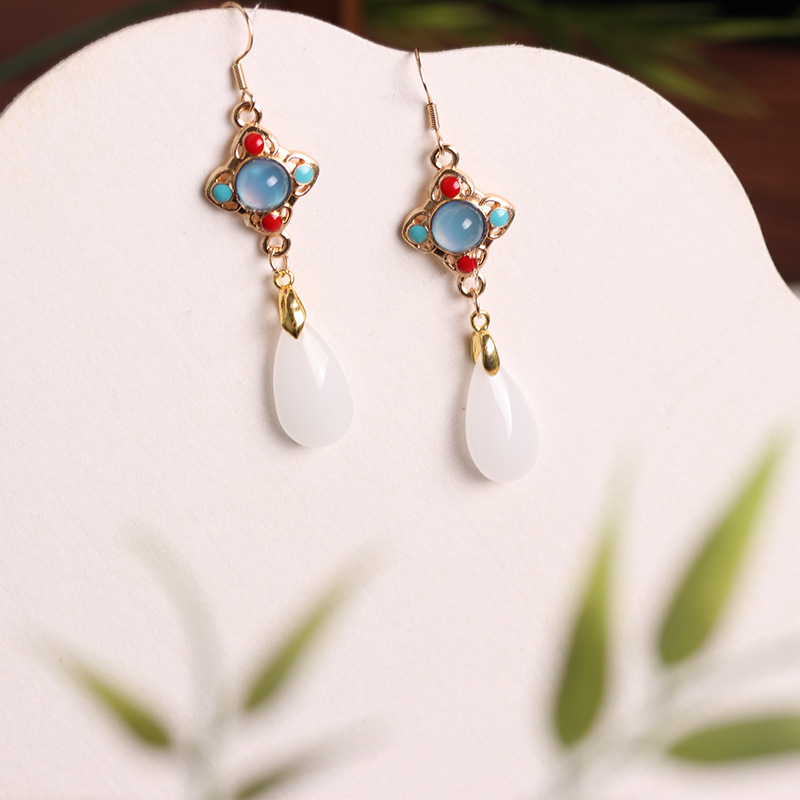 New Chinese-style national trend retro jewelry enamel niche 925 ear needle magnolia flower imitation Hetian jade ancient-style earrings pic 13