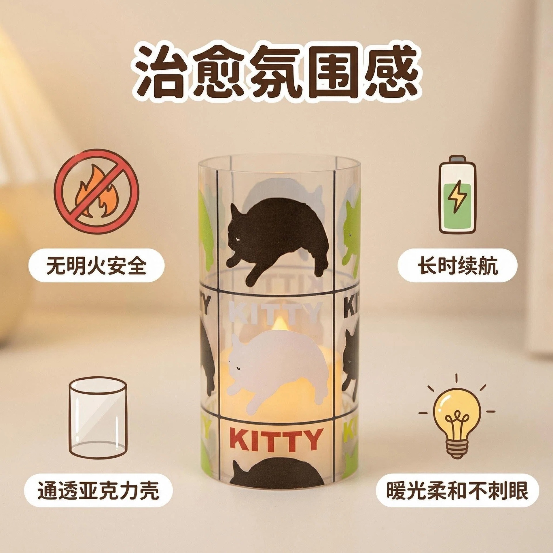 New UV-printed three-color cat pattern acrylic luminous decorative candle 7.5 electronic candle factory direct sales pic 3
