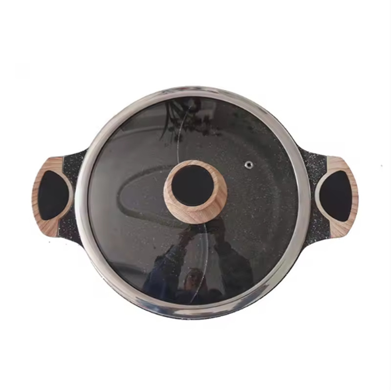 Korean-style tourmaline double pot, shallow soup pot, double-eared wooden handle hot pot, household non-stick pot, deep soup pot, double-bottom induction cooker pic 2