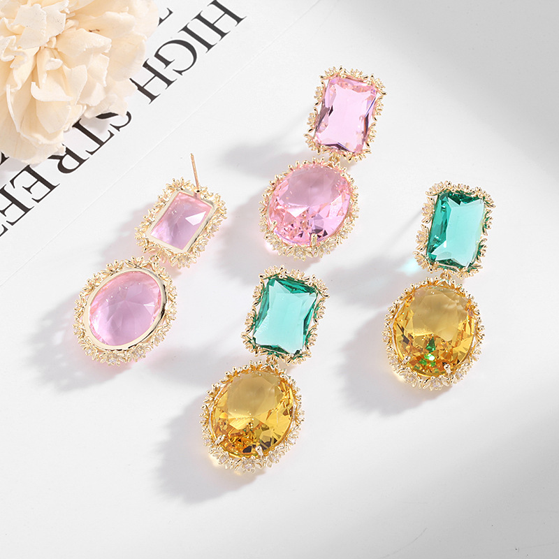 Summer Korean Heavy Industry colorful crystal simple earrings, fashionable silver needle color preservation real gold, popular geometric zircon earrings pic 15