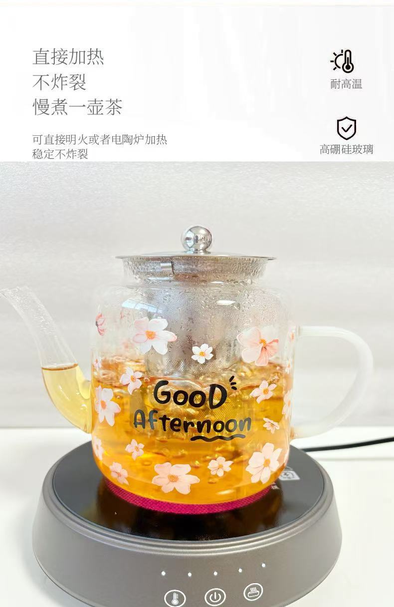 High borosilicate glass printed teapot, high-temperature resistant electric ceramic stove heating decal cup, tea and water separation flower teapot pic 4
