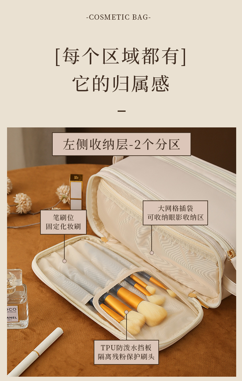 新款双拉大容量化妆品收纳袋便携高颜值pu皮革三层风琴枕头化妆包详情6