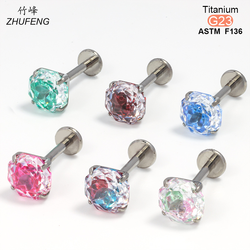 F136钛合金耳钉螺旋内牙四爪镶锆石爆闪高级感耳骨钉耳饰详情2