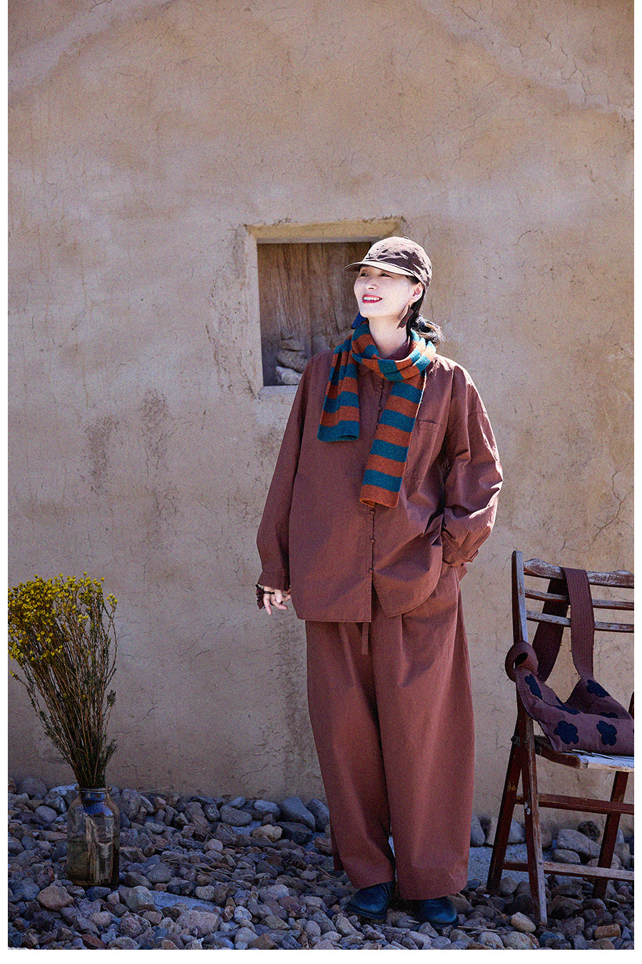 New autumn and winter style, artistic and retro original hazelnut red-brown cotton casual top, high-density, slightly elastic loose shirt for women pic 22