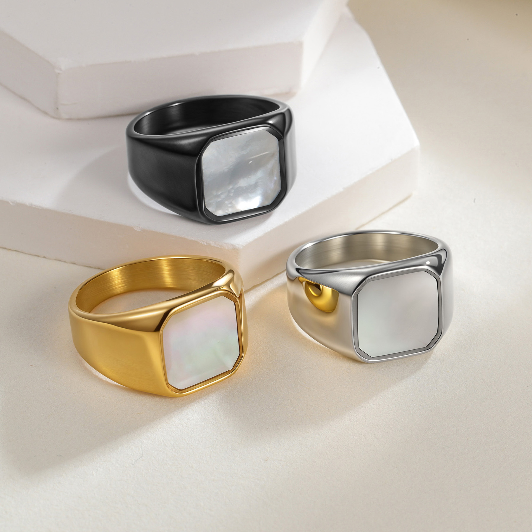 Amazon cross-border 304 stainless steel ring, shell surface ring, square jewelry, versatile autumn and winter accessories for Europe and America pic 2