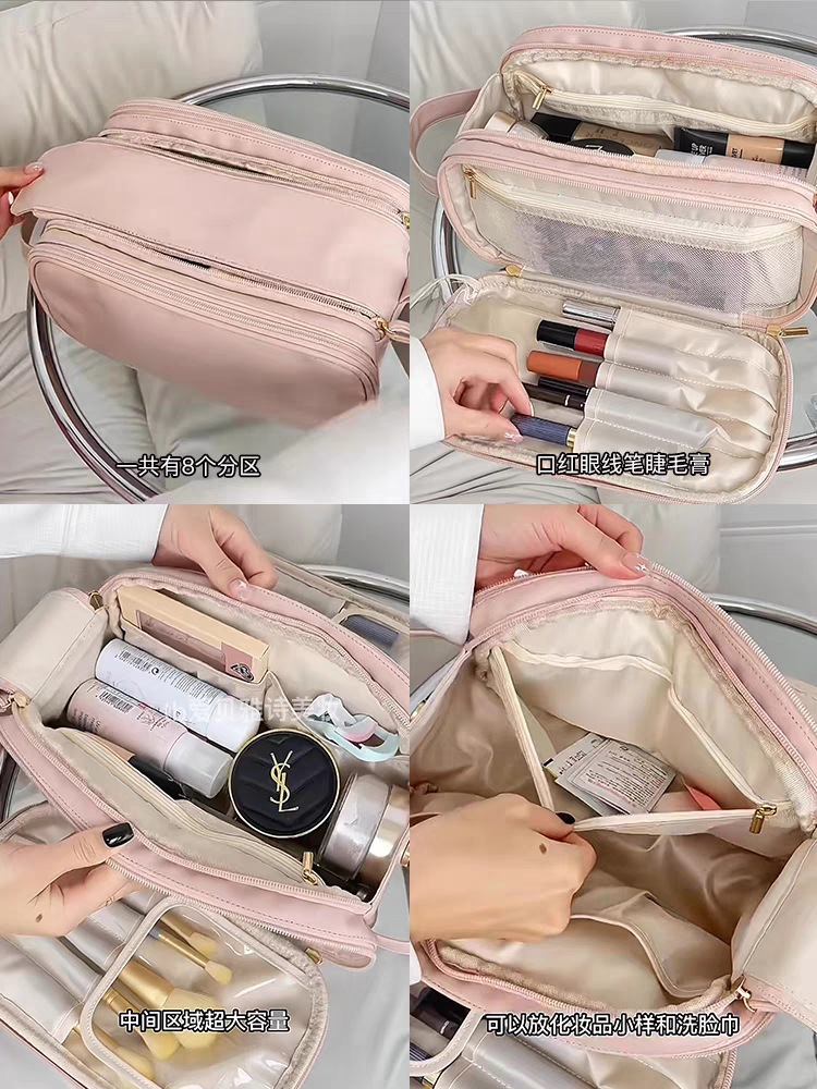 Large-capacity makeup bag, travel double-zipper toiletry bag, new waterproof high-end skin care product box, storage bag, portable for women pic 10