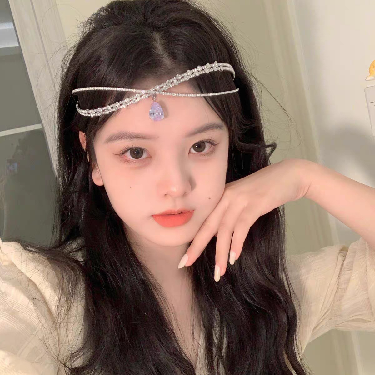 Zircon water drop hairband, large gemstone hairband, headwear, collar, neckband, rhinestone slimming, cross collarbone chain necklace pic 15