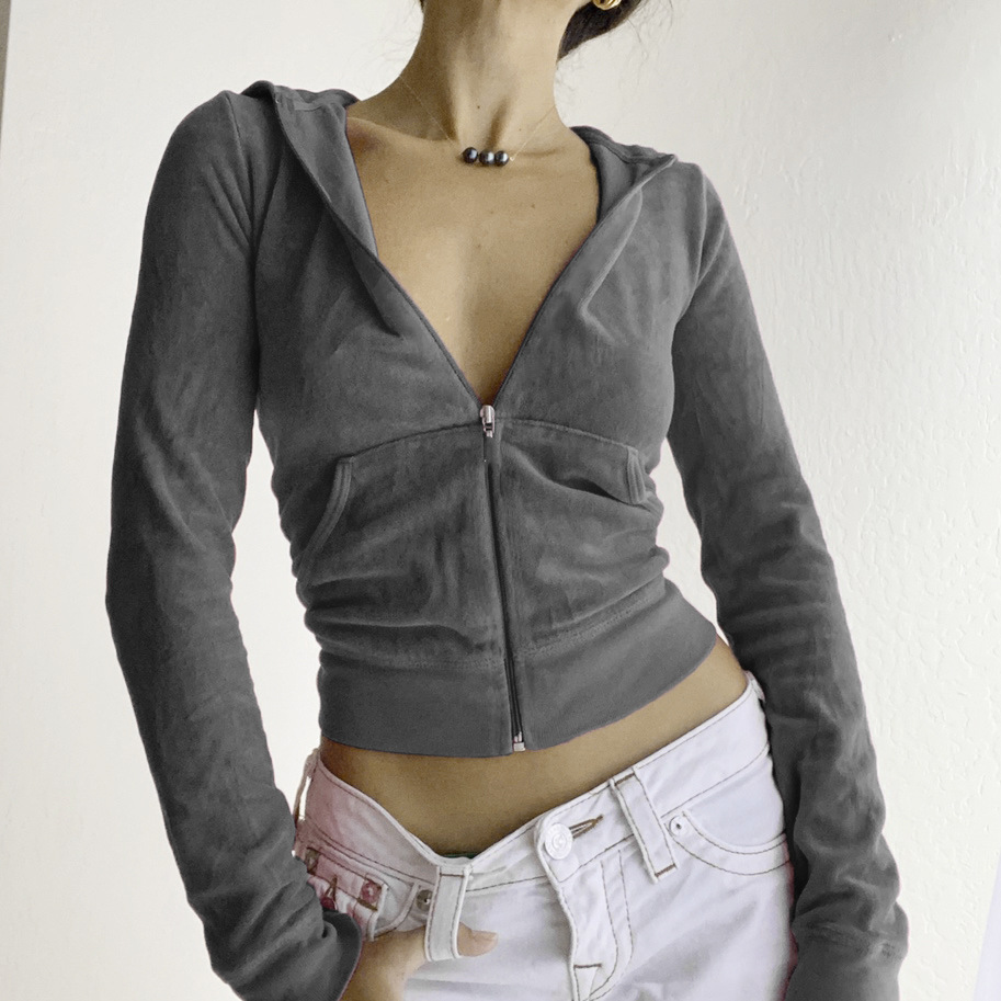 Solid color velvet slim sports suit zipper hood pic 21