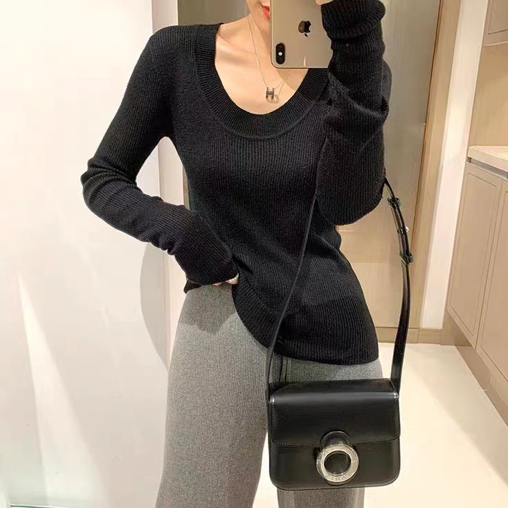 U领针织衫女韩国东大门露锁骨修身纯色安迪绒打底衫安迪绒长袖衫详情4