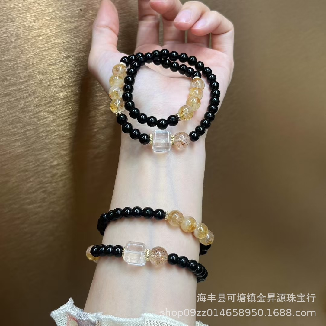 天然黑曜石双圈手链搭黄塔晶黑金超手串白水晶方糖时尚女批发直播详情2