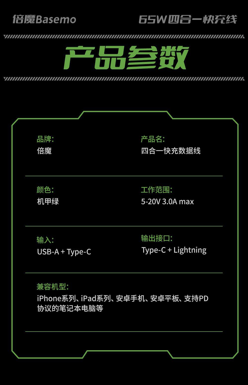 【现货批发】倍魔绿色机甲数据线四合一超级快充65W二拖二充电线.详情10