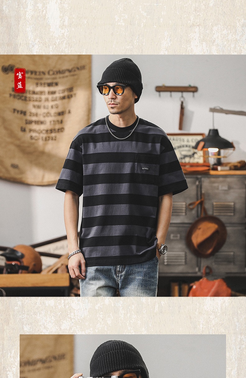 32支双纱平纹纯棉T恤男短袖夏季美式复古重磅宽松大码条纹男体恤详情14