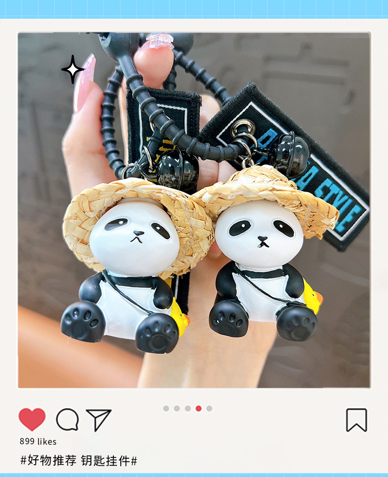 Wholesale of creative straw hat panda series keychains, exquisite and cute dolls, cartoon car schoolbags, pendants and small gifts pic 2