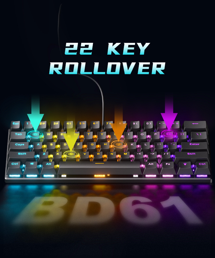 Special offer: Cross-border BD61 wired mechanical keyboard with red, blue and tea switches mixed optical gaming 61-key mechanical keyboard pic 11