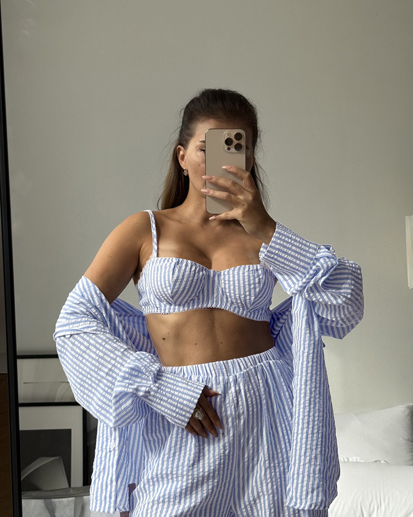 A new spring/summer striped three-piece pajama set from Europe and America, soft, loose and skin-friendly for women, suitable for cross-border wear in 2026 pic 33