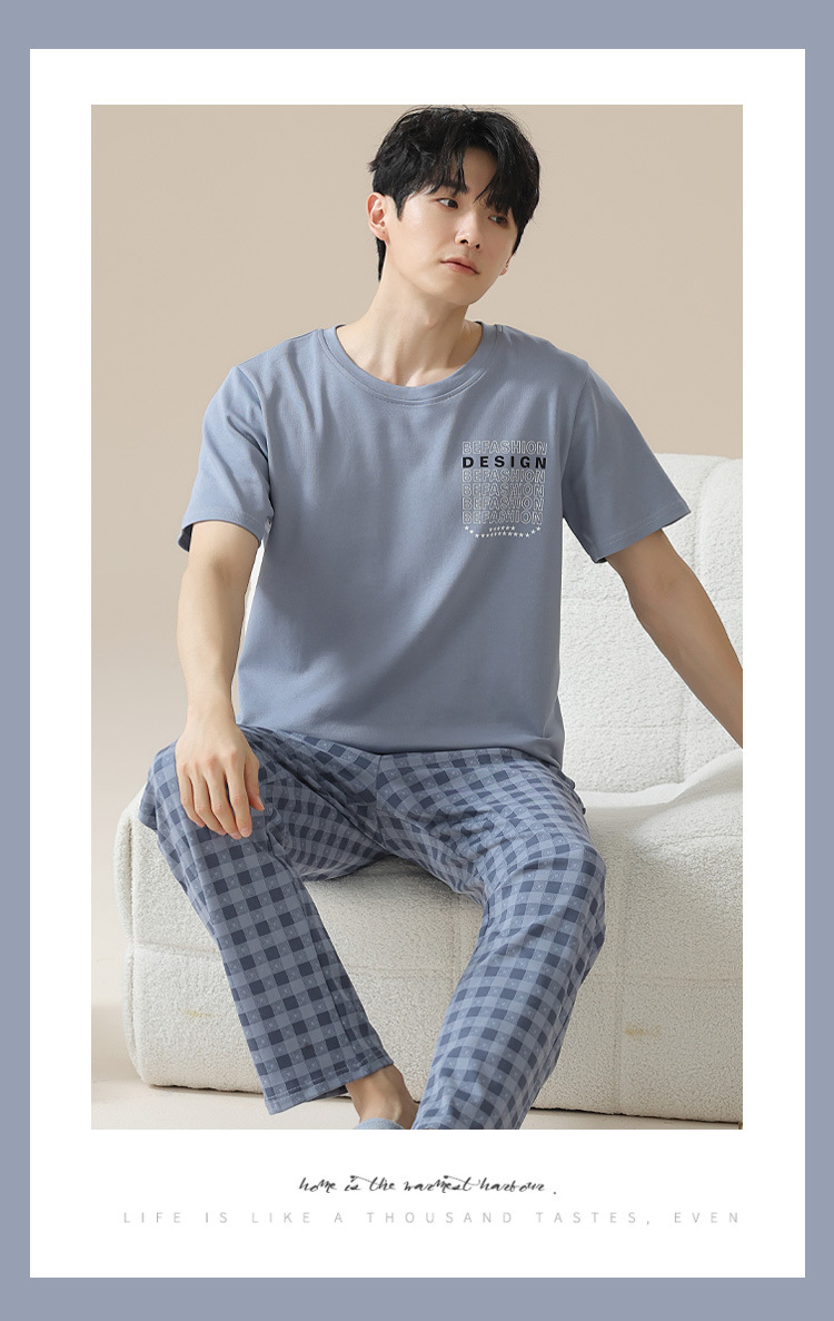 Summer pure cotton pajamas for men, cartoon casual short-sleeved shirts and long pants, pure cotton comfortable home wear, summer youth student set pic 142