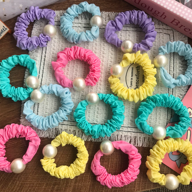 新款韩式荧光彩色高级感大肠发圈网红珍珠时尚感马尾发绳皮筋发饰详情3