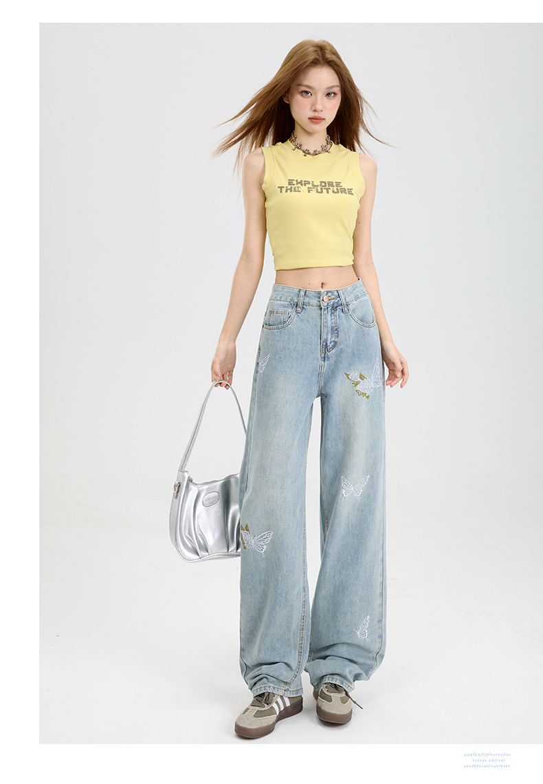 稚橘#中国风蝴蝶刺绣阔腿牛仔裤女宽松显瘦设计感时尚百搭拖地裤详情11
