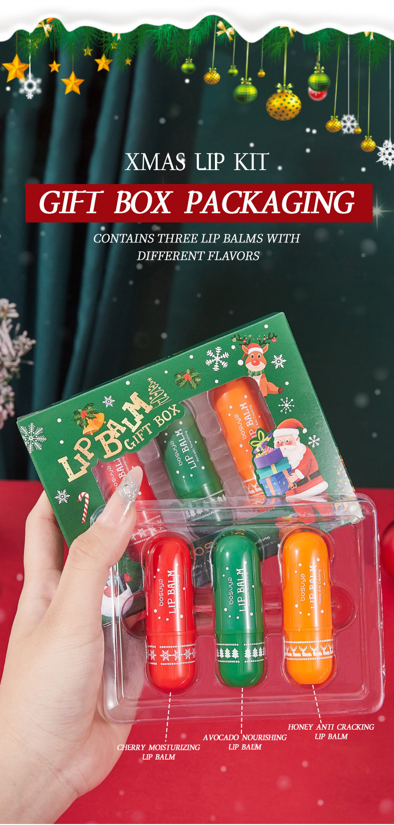 【 Cross-border Exclusive 】bosuya Christmas Lip Balm Set: Exfoliating, Reducing Lip Lines, Hydrating and Moisturizing Lip Balm pic 8