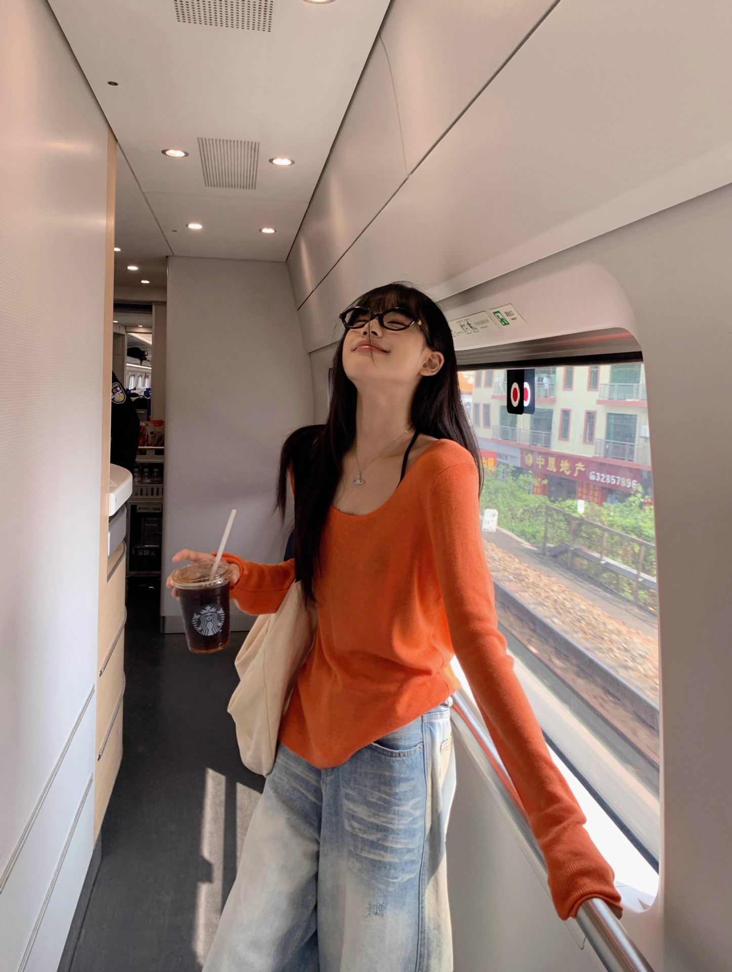 2025夏纯欲橘色薄款长袖防晒罩衫T恤女夏季辣妹宽松休闲露肩上衣详情18