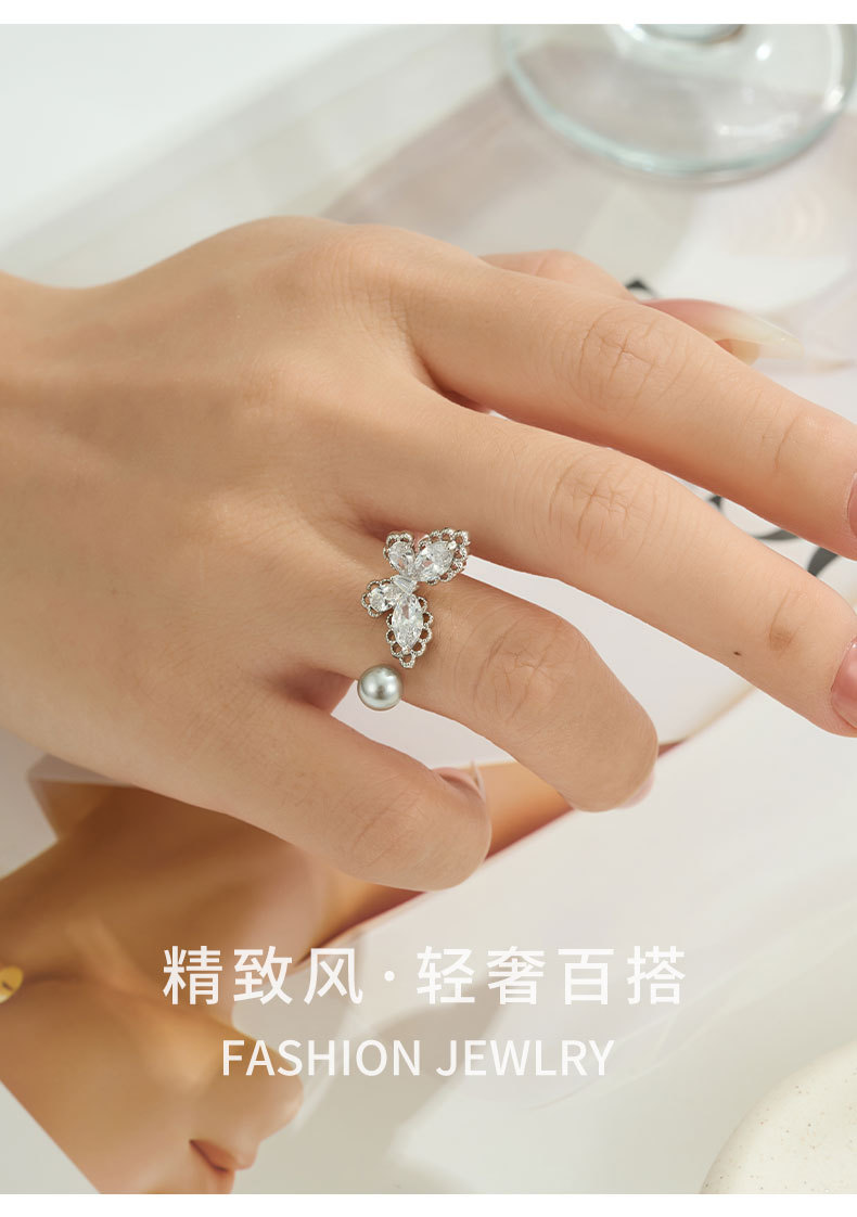A light luxury and high-end lace-trimmed butterfly pearl open ring, copper alloy inlaid with zircon, adjustable index finger ring pic 11