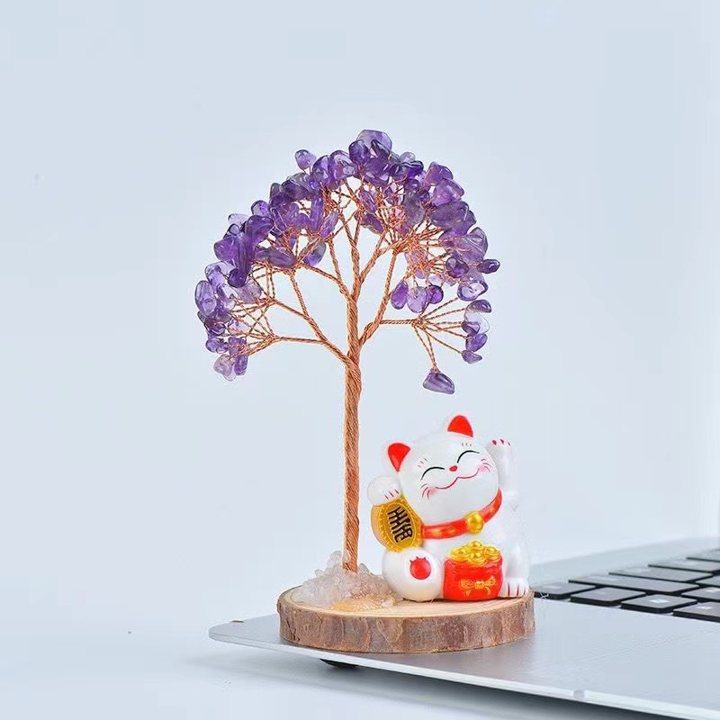 天然黄紫水晶招财猫摆件发财树家居开业桌面可爱车载礼品生日礼物详情8