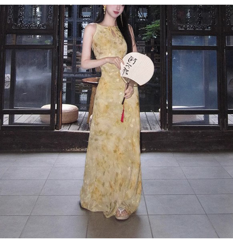 【 Spring Knowledge and Tangxin 】 New Chinese-style traditional Chinese cut-and-shoulder modified cheongsam mid-length dress, elegant printed long dress pic 14