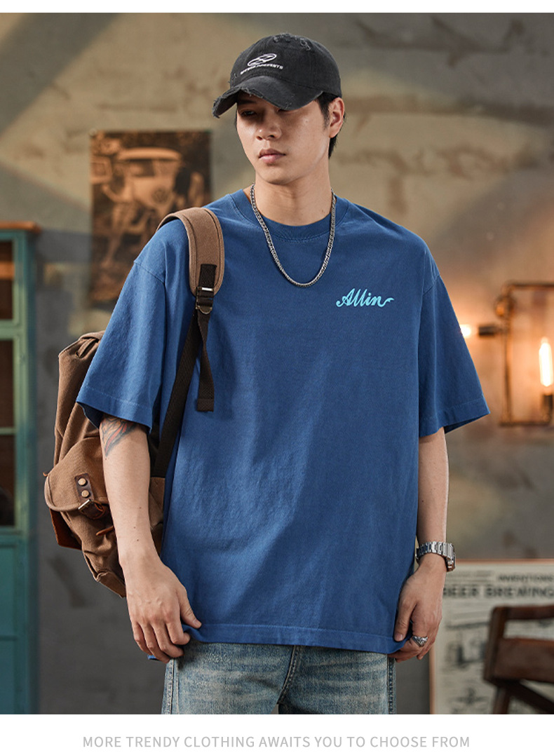 ALLIN pure cotton heavy-duty short-sleeved T-shirt for men, a summer trendy brand with three-dimensional printed letters and loose round-neck couple tops pic 49