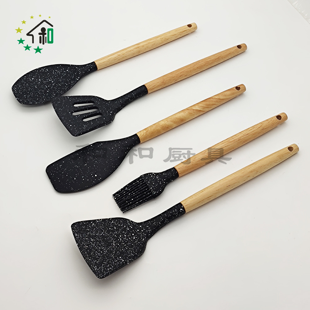 散点硅胶锅铲厨具厨房不粘锅木柄铲子汤勺耐高温炒菜烹饪漏铲套装详情8