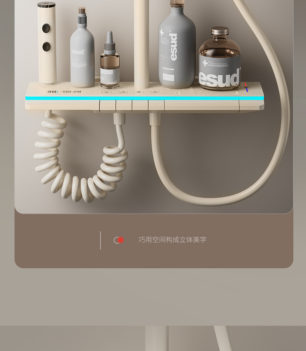 奶白色全铜淋浴花洒套装淋浴家用氛围灯恒温钢琴键数显增压沐浴器详情13