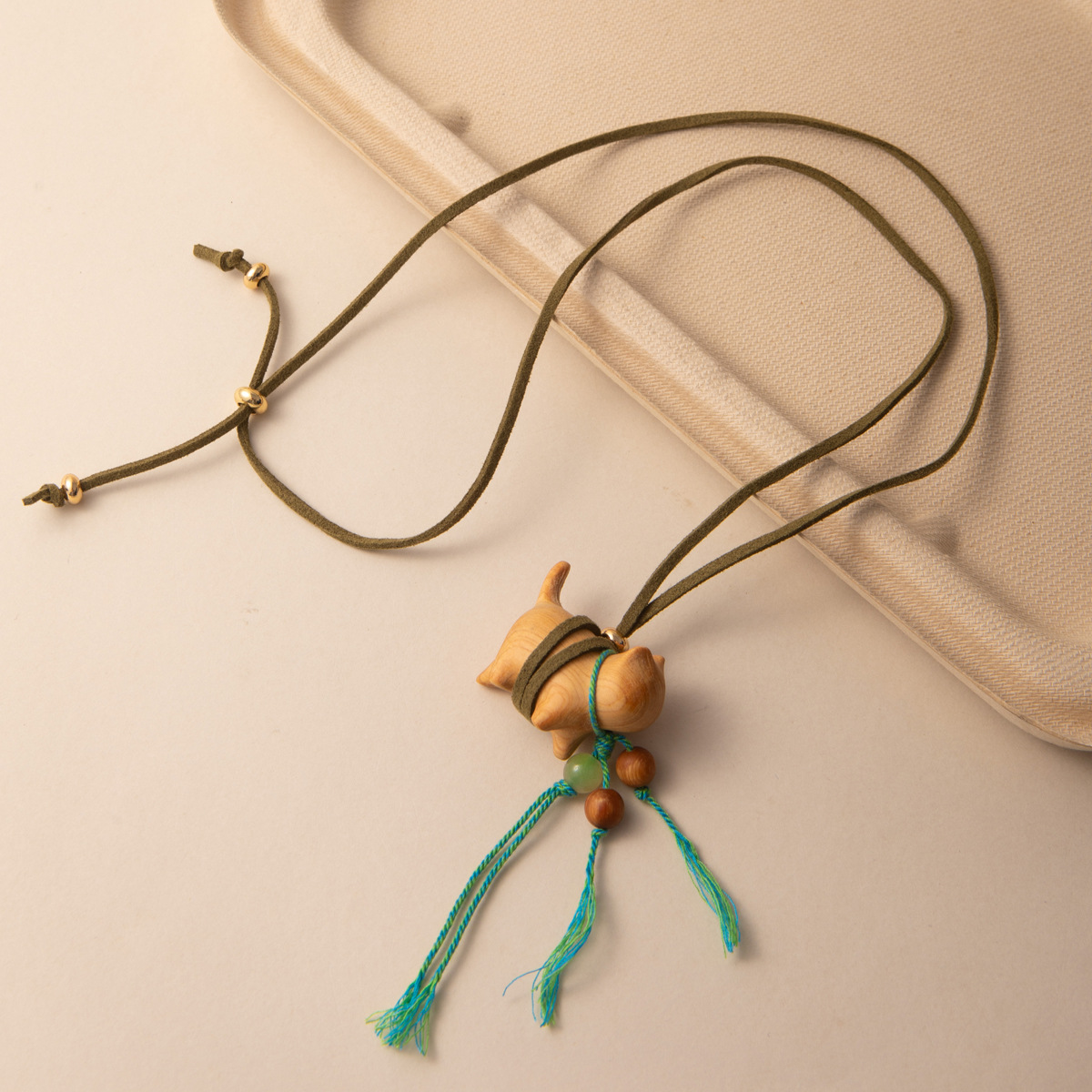 新中式森系檀木立体猫咪吊坠彩绳项链女民族风百搭可调节抽绳配饰详情29